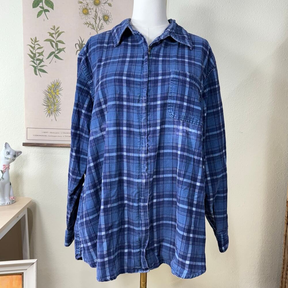 Vtg 90s Y2k Plaid Distressed Corduroy Full Zip Shacket Jacket Grunge Punk 2X 3X